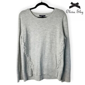 Olivia Sky Grey  Long Sleeve Sweater with X Stitch Down Both Sides